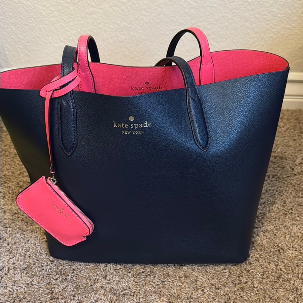 kate spade navy and pink leather tote with matching pouch